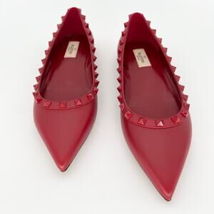 VALENTINO GARAVANI Rockstud Smooth Leather Ballet Flats EU 40 US 10 Red Studded
